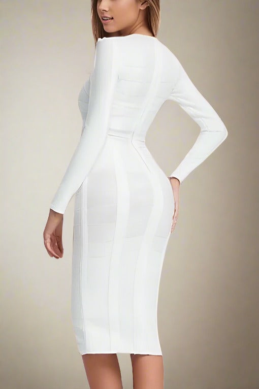 Woman wearing a figure flattering  Brooke Long Sleeve Bandage Dress - Pearl White BODYCON COLLECTION
