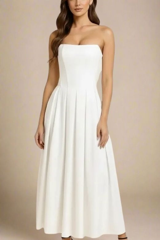 Woman wearing a figure flattering Capri Bodycon Strapless Midi Dress - Pearl White BODYCON COLLECTION