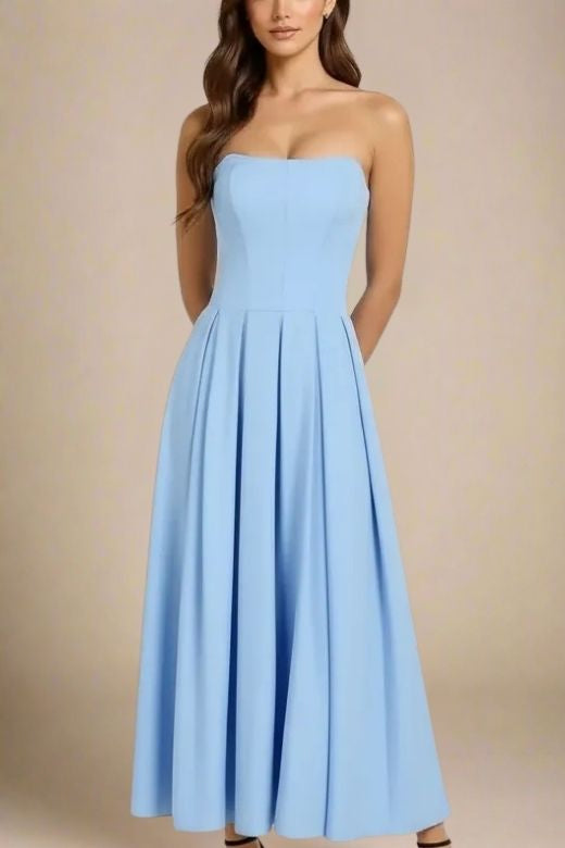 Woman wearing a figure flattering Capri Bodycon Strapless Midi Dress - Sky Blue BODYCON COLLECTION