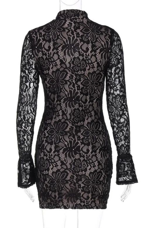 Woman wearing a figure flattering Charlotte Long Sleeve Bodycon Mini Dress - Classic Black BODYCON COLLECTION