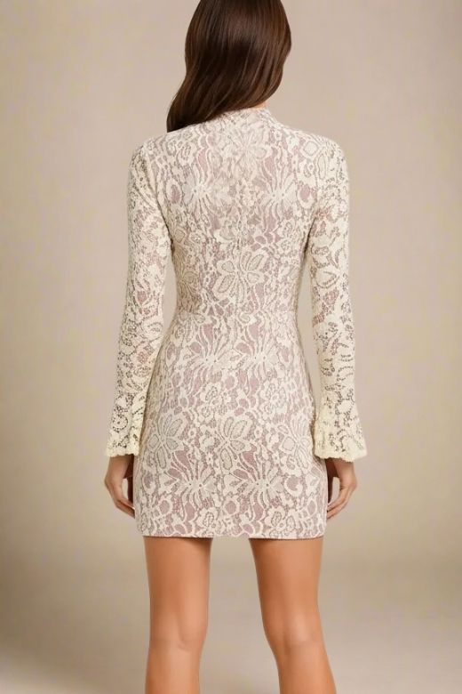Woman wearing a figure flattering Charlotte Long Sleeve Bodycon Mini Dress - Cream BODYCON COLLECTION