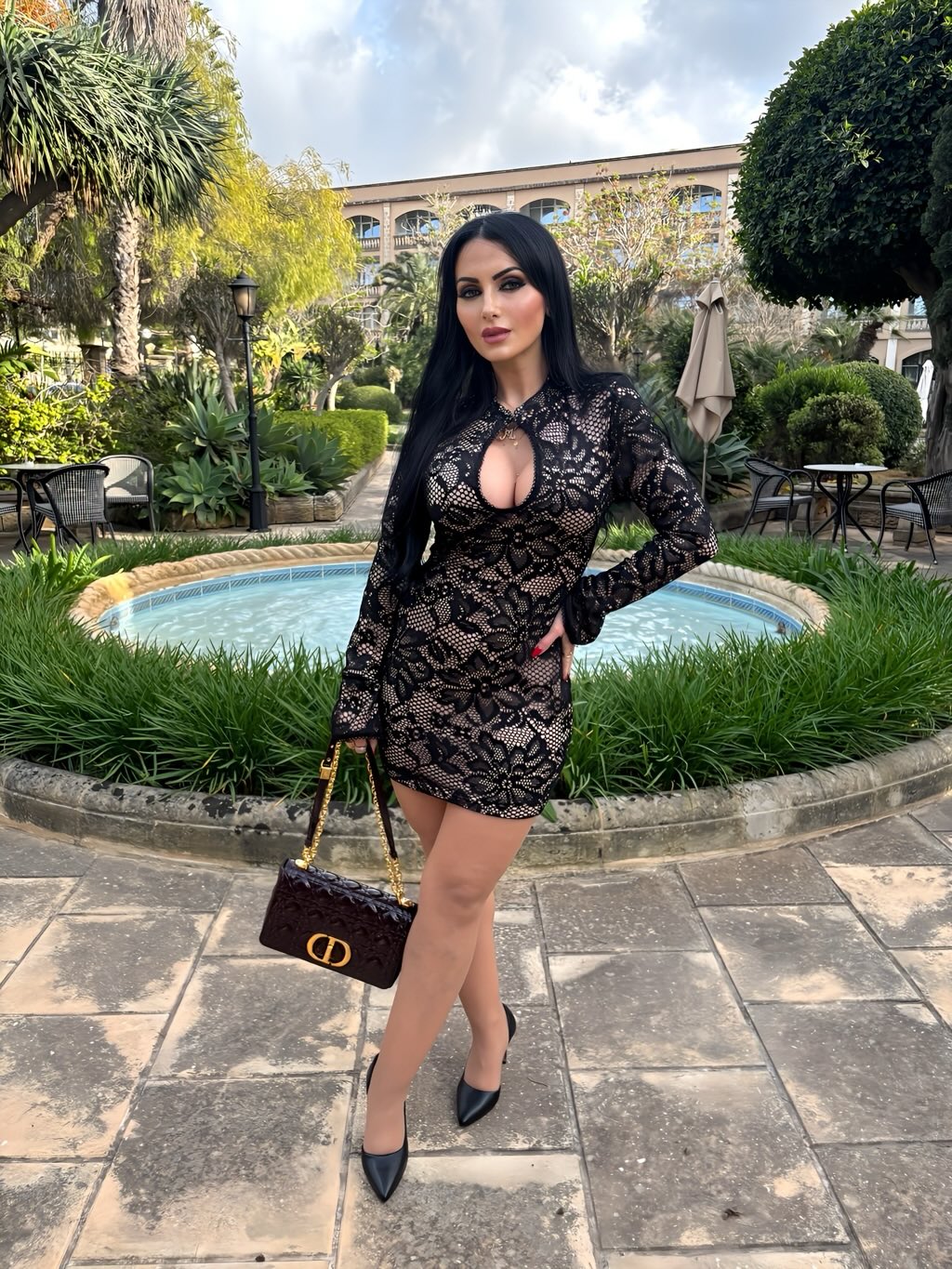 Woman wearing a figure flattering Charlotte Long Sleeve Bodycon Mini Dress - White Pearl BODYCON COLLECTION