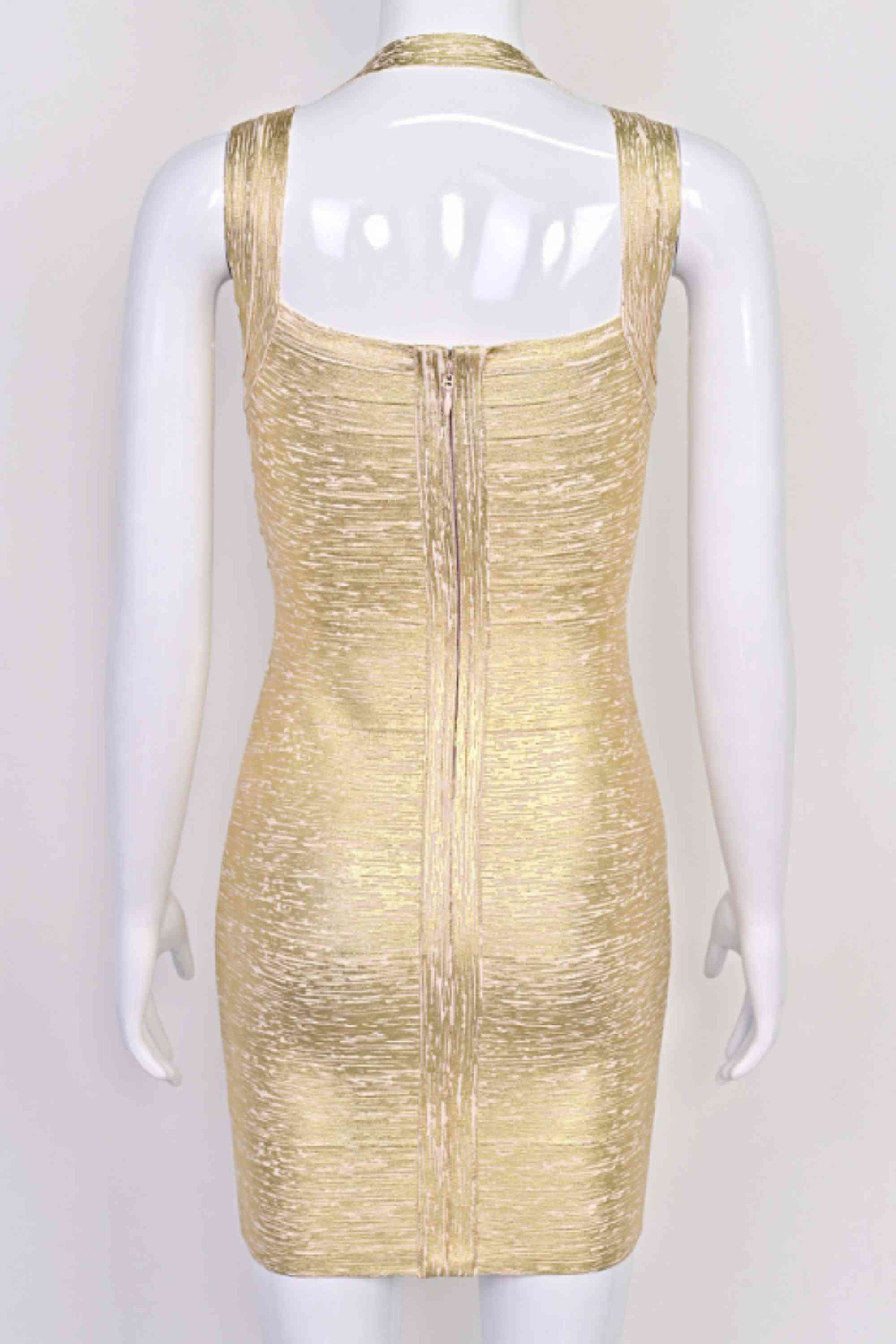 Woman wearing a figure flattering Ciara Bandage Mini Dress - Gold BODYCON COLLECTION