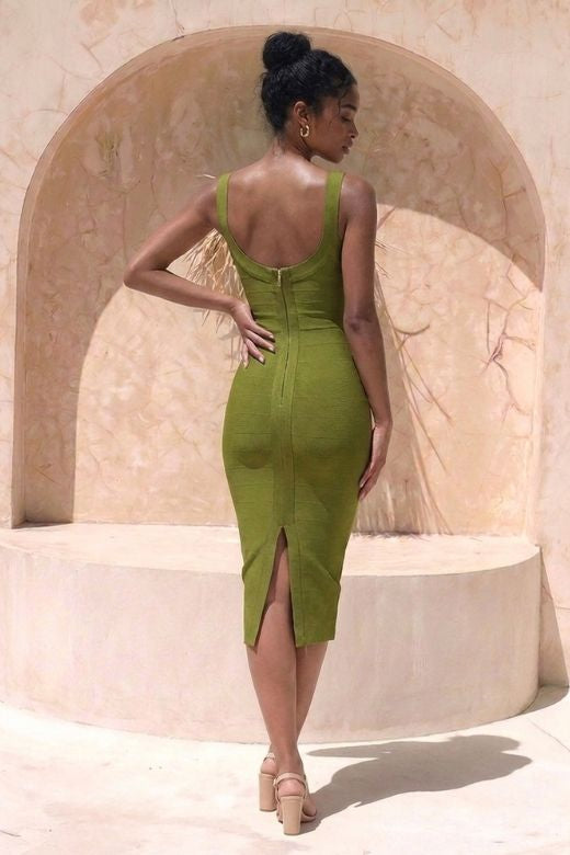 Woman wearing a figure flattering Cindy Bandage Midi Dress - Army Green BODYCON COLLECTION Pty Ltd