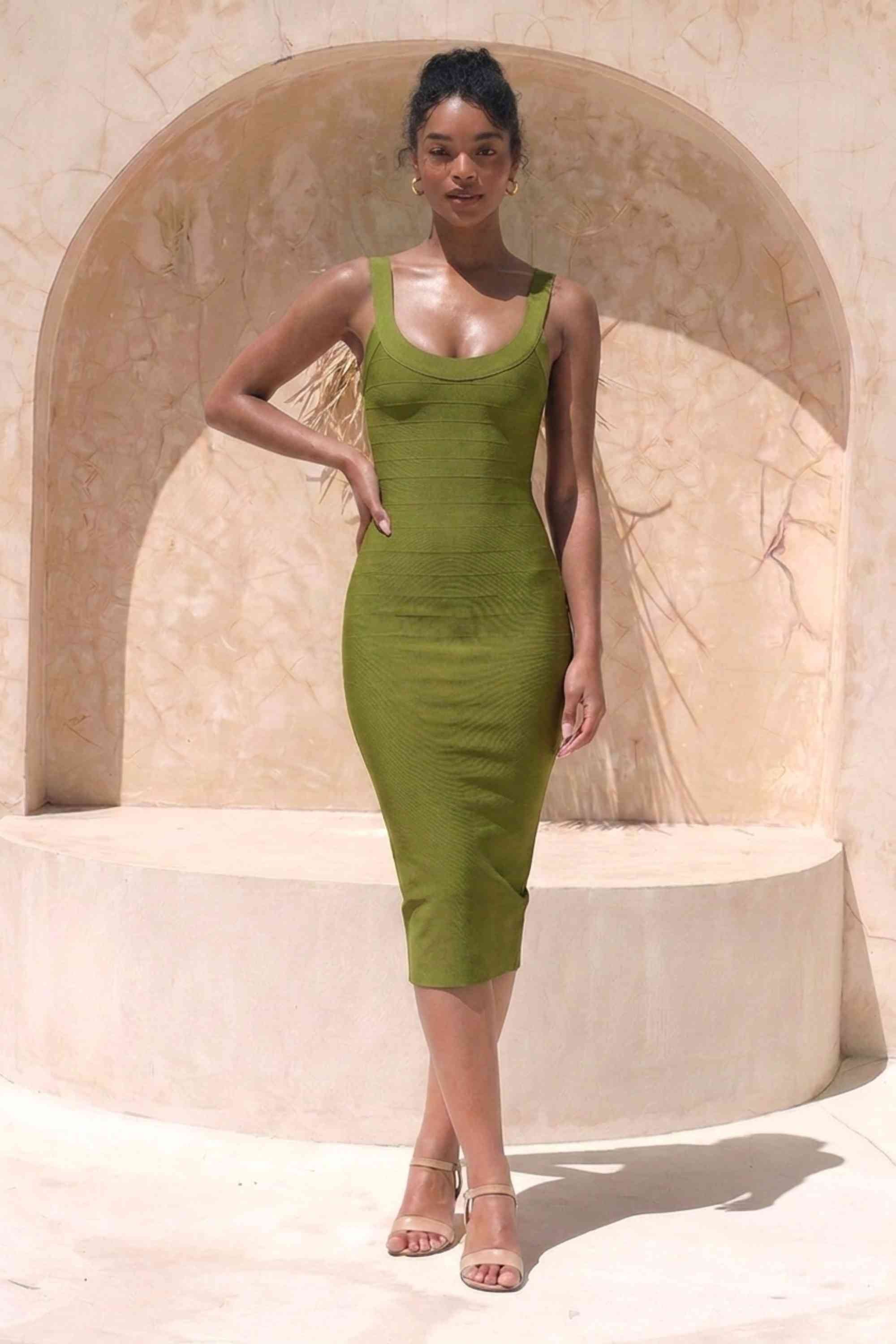 Army Green Cindy Bandage Midi Dress for Women, XL Size, Polyester and Elastane Fabric