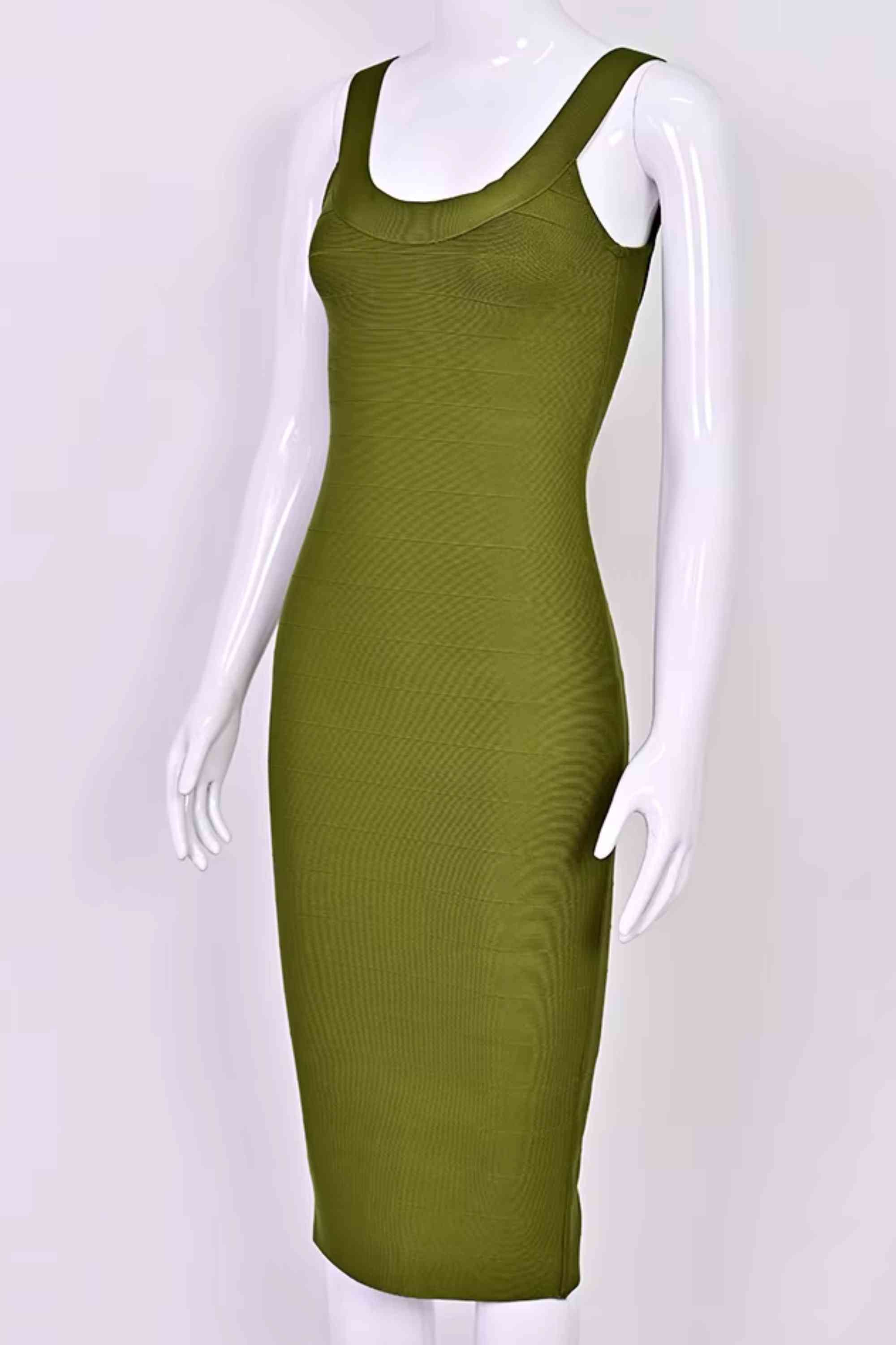Woman wearing a figure flattering Cindy Bandage Midi Dress - Army Green BODYCON COLLECTION Pty Ltd