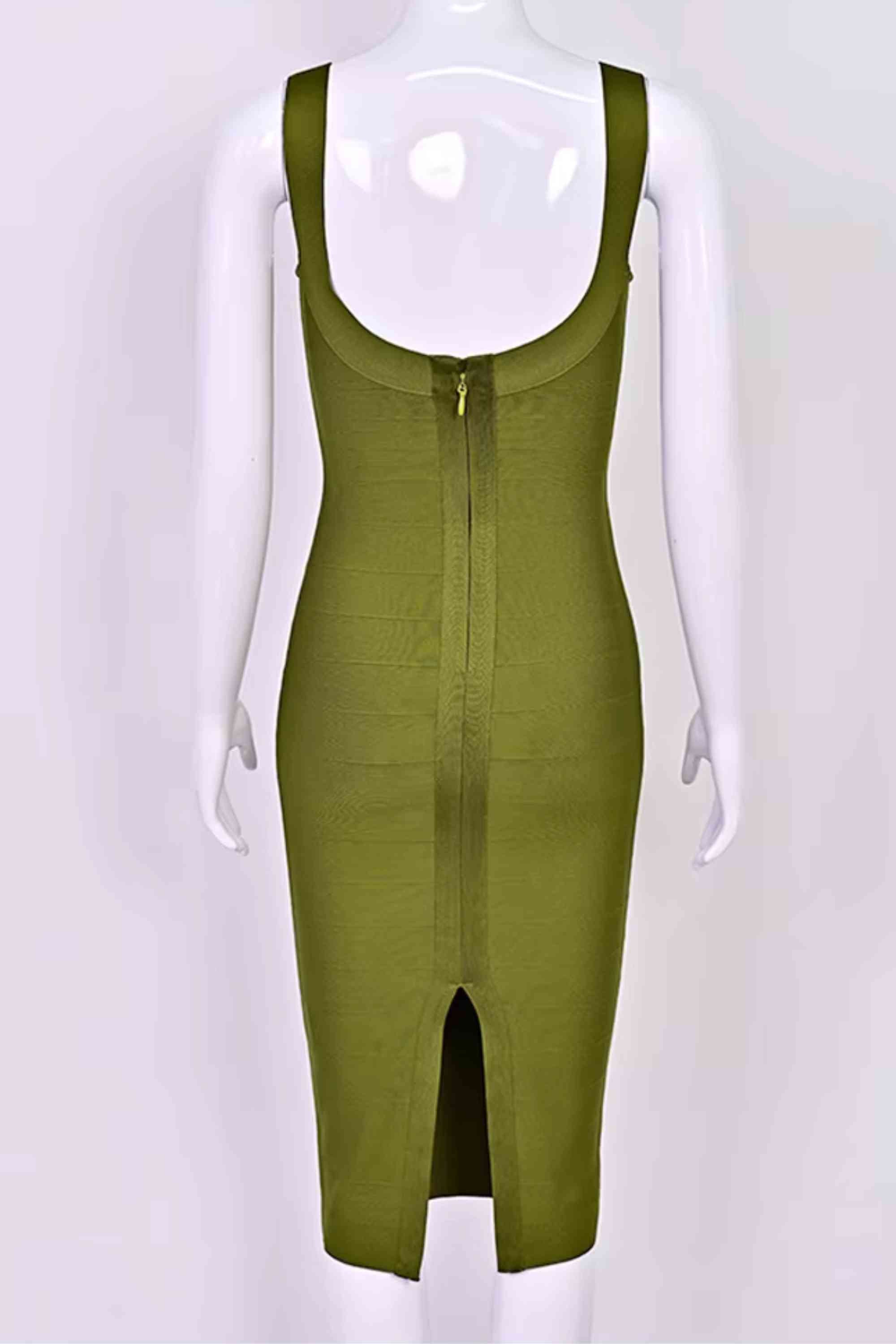 Woman wearing a figure flattering Cindy Bandage Midi Dress - Army Green BODYCON COLLECTION Pty Ltd