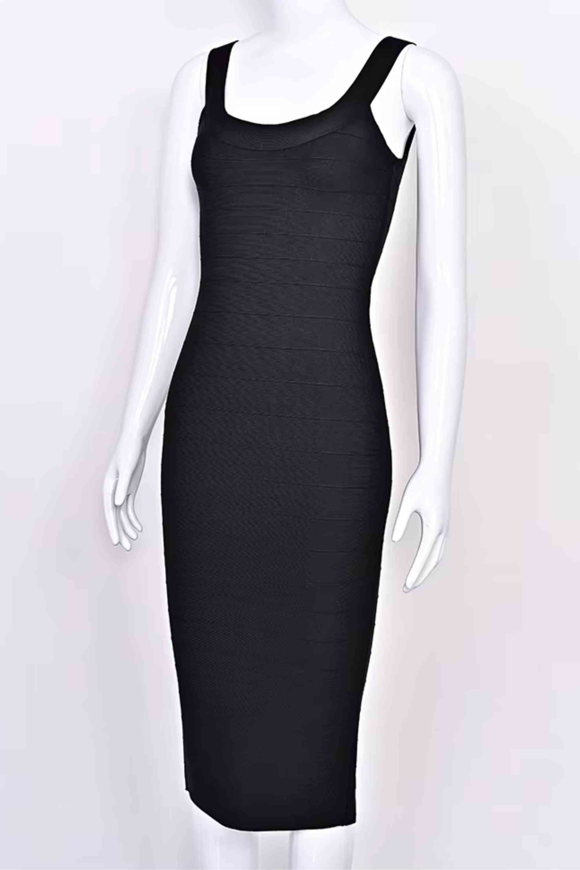 Woman wearing a figure flattering Cindy Bandage Midi Dress - Classic Black BODYCON COLLECTION Pty Ltd