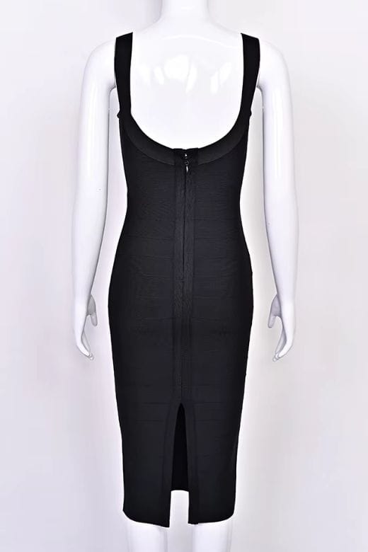 Woman wearing a figure flattering Cindy Bandage Midi Dress - Classic Black BODYCON COLLECTION Pty Ltd
