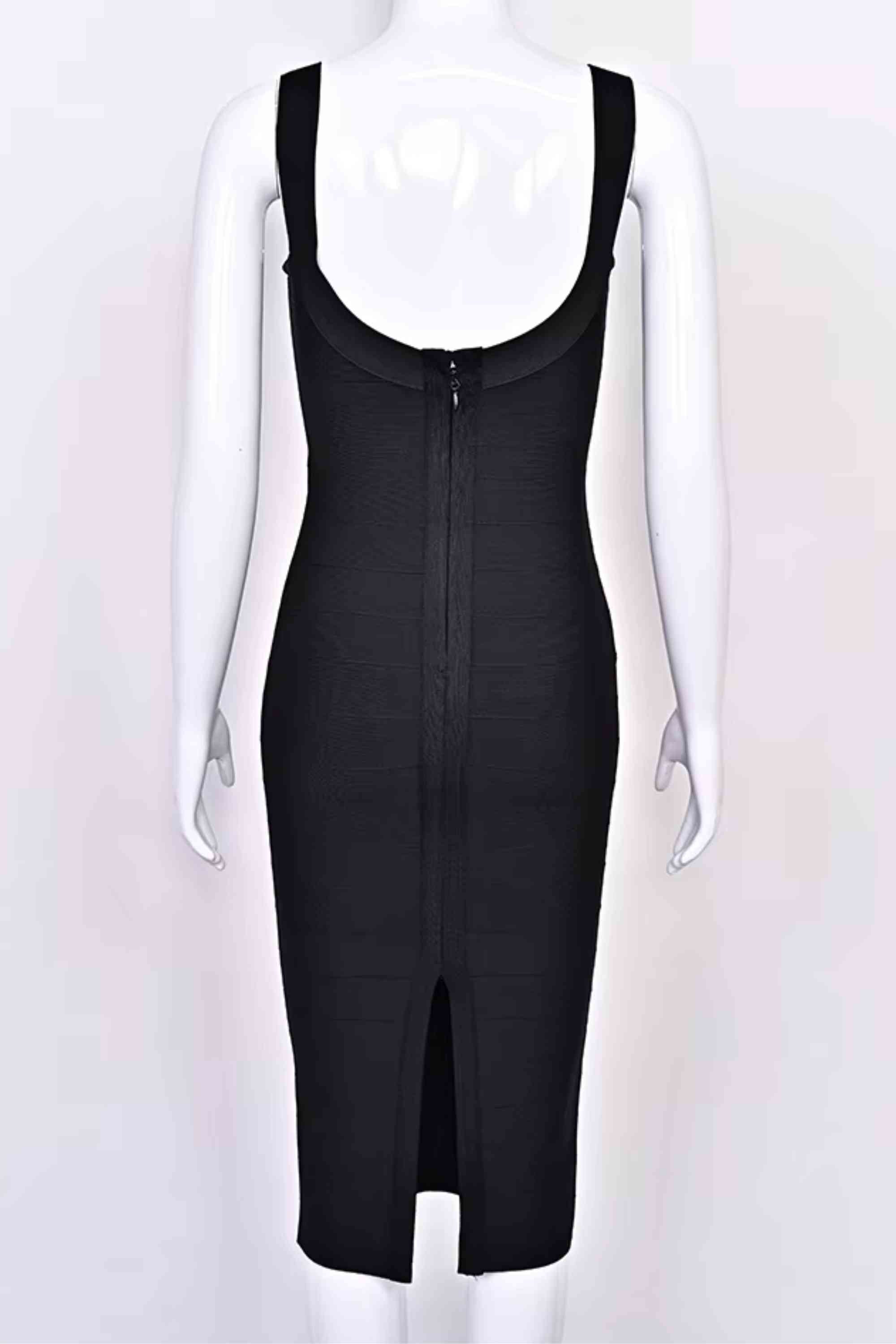 Woman wearing a figure flattering Cindy Bandage Midi Dress - Classic Black BODYCON COLLECTION Pty Ltd