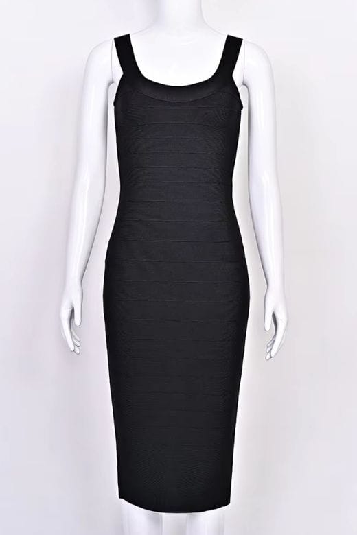 Woman wearing a figure flattering Cindy Bandage Midi Dress - Classic Black BODYCON COLLECTION Pty Ltd