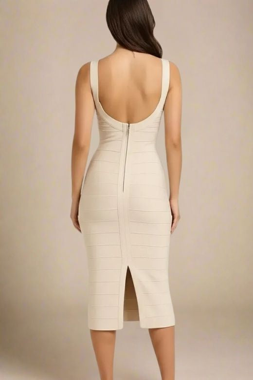 Woman wearing a figure flattering Cindy Bandage Midi Dress - Cream BODYCON COLLECTION Pty Ltd
