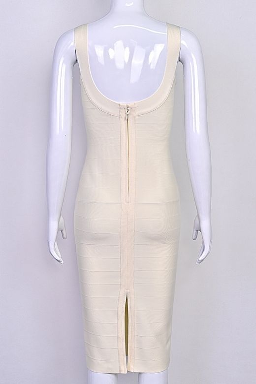 Woman wearing a figure flattering Cindy Bandage Midi Dress - Cream BODYCON COLLECTION Pty Ltd
