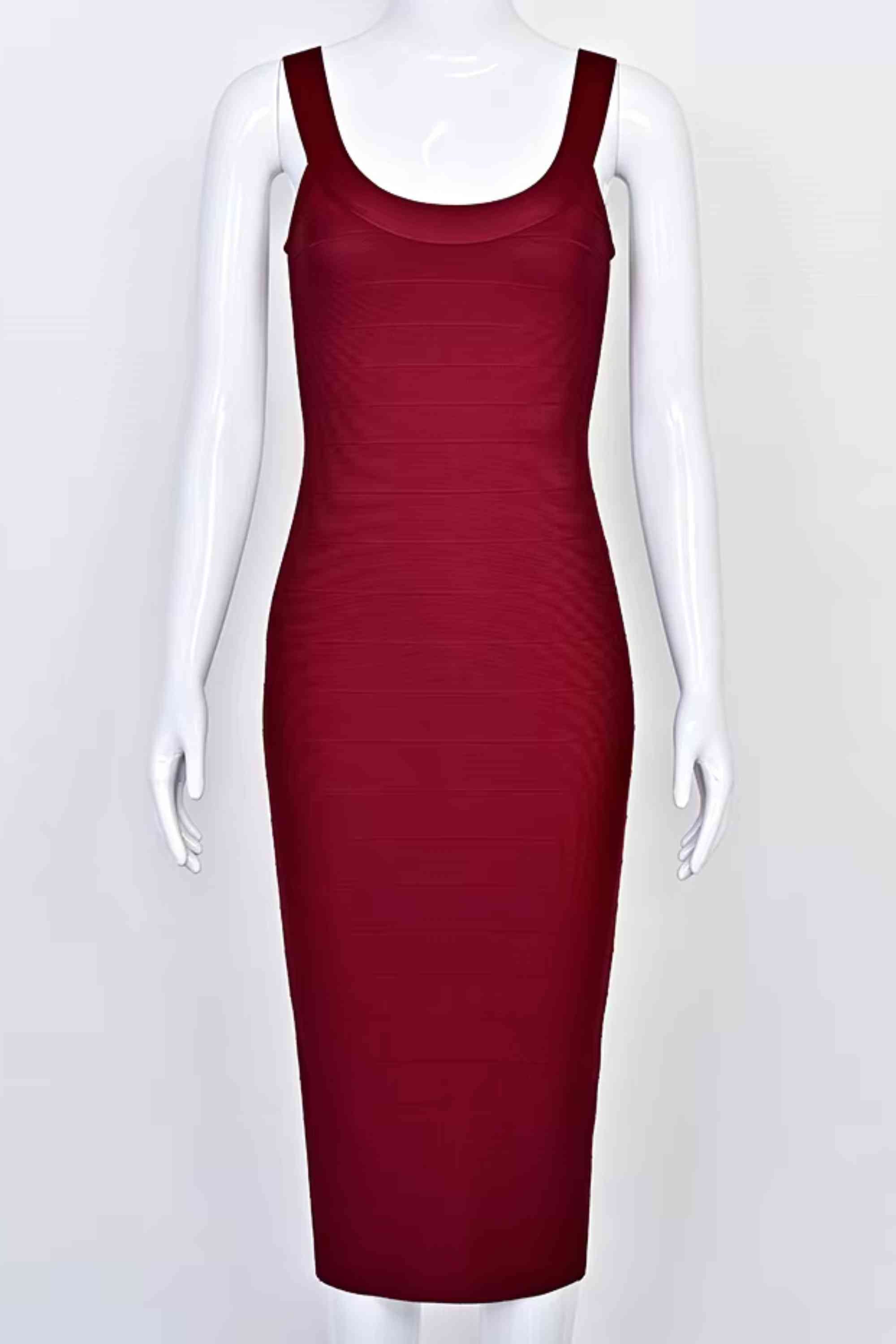 Woman wearing a figure flattering Cindy Bandage Midi Dress - Red Wine BODYCON COLLECTION Pty Ltd