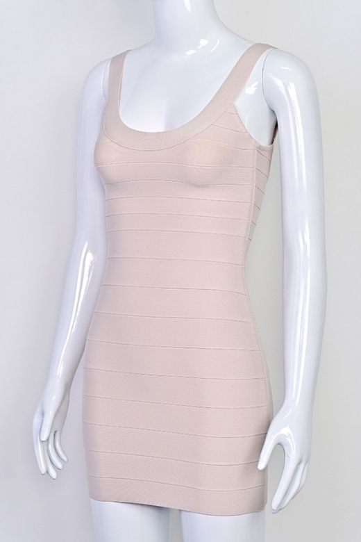Woman wearing a figure flattering Cindy Bandage Mini Dress - Beige BODYCON COLLECTION Pty Ltd