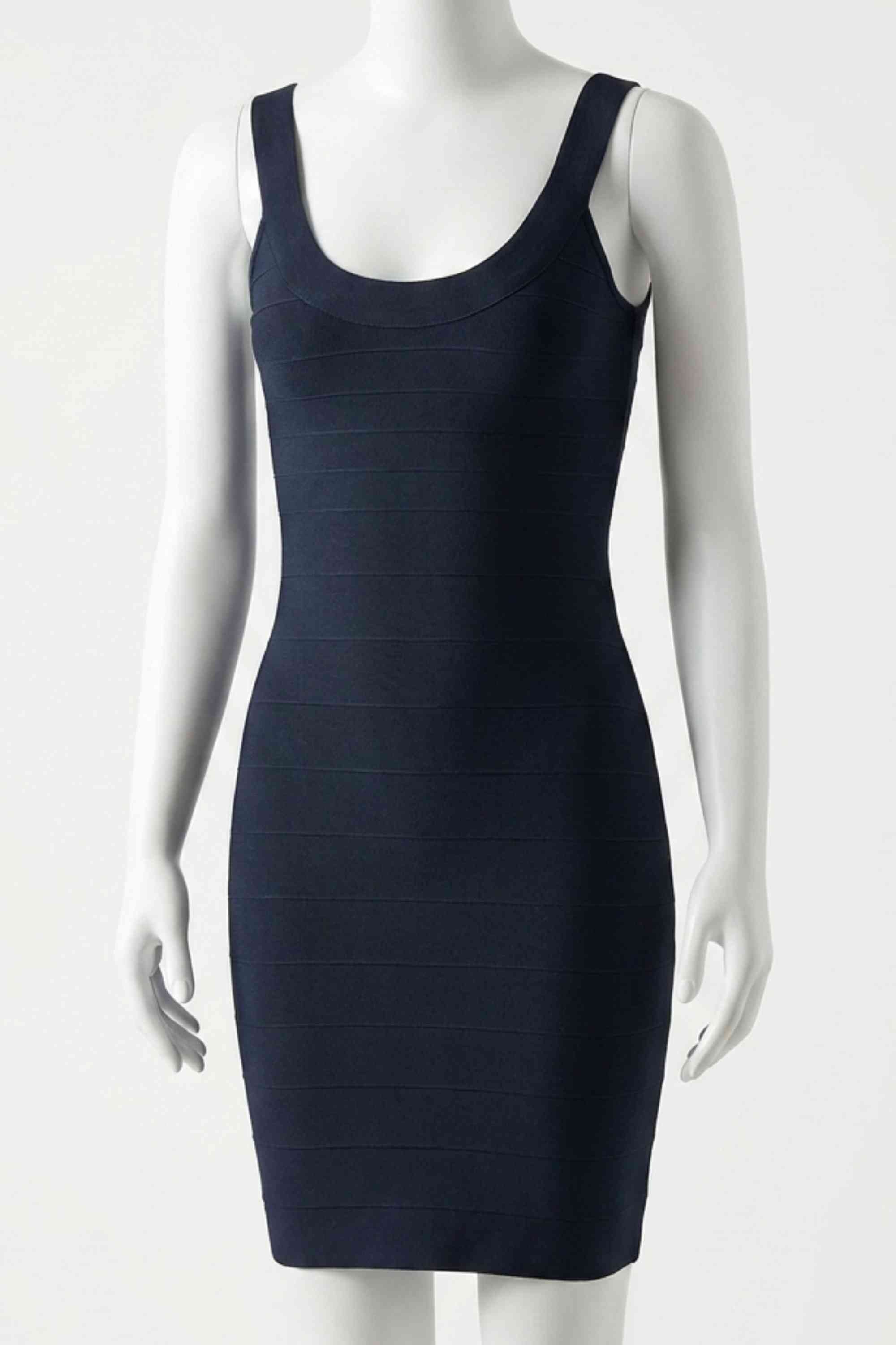 Woman wearing a figure flattering Cindy Bandage Mini Dress - Classic Black BODYCON COLLECTION Pty Ltd