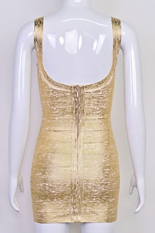 Woman wearing a figure flattering Cindy Bandage Mini Dress - Gold BODYCON COLLECTION Pty Ltd