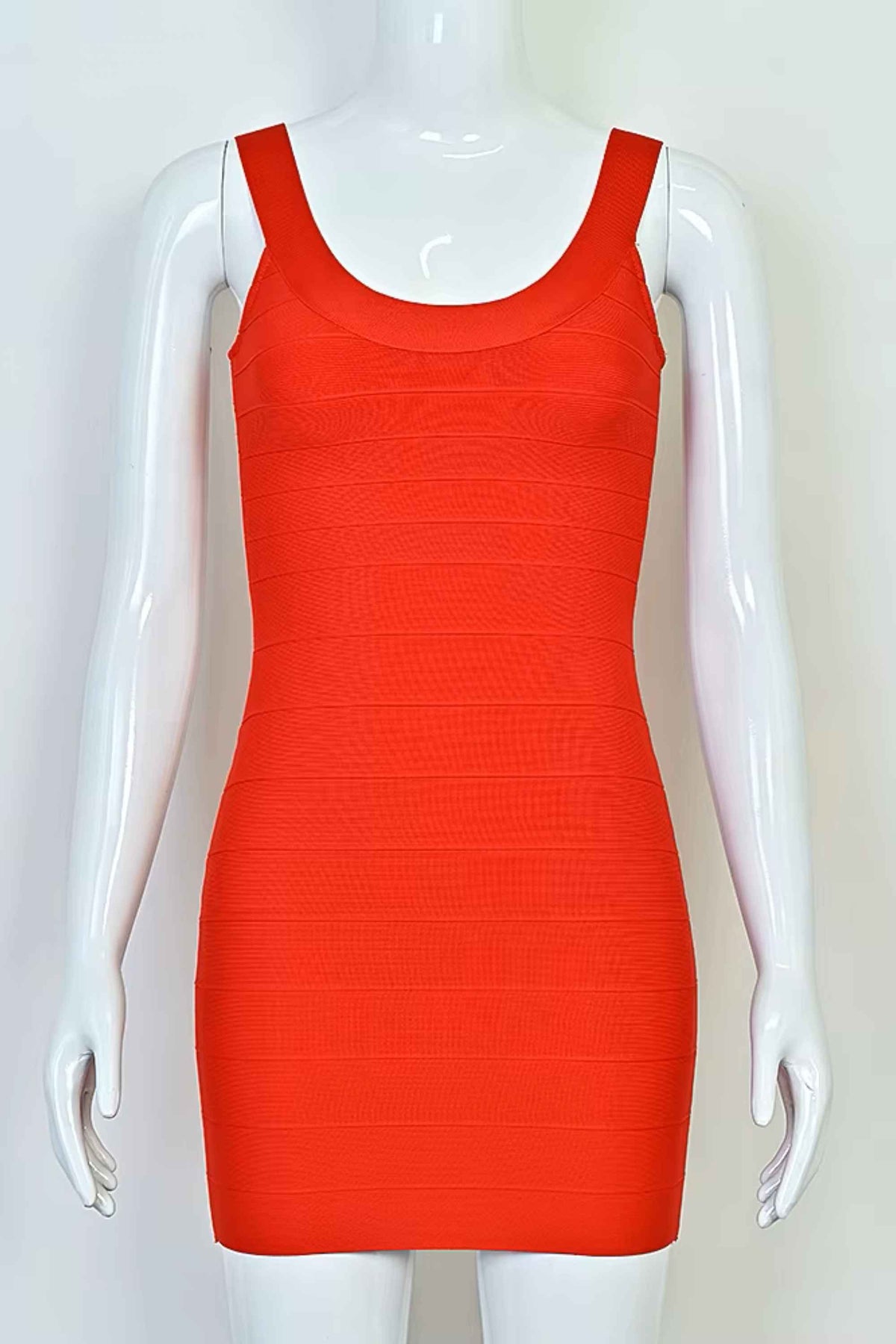 Woman wearing a figure flattering Cindy Bandage Mini Dress - Lipstick Red BODYCON COLLECTION Pty Ltd