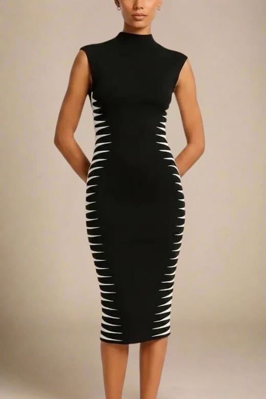 black bodycon high neck dress Carmen Mock Neck Ruched Bodycon Mini Dress Shop American Threads Women's Trendy Online Boutique Black / L