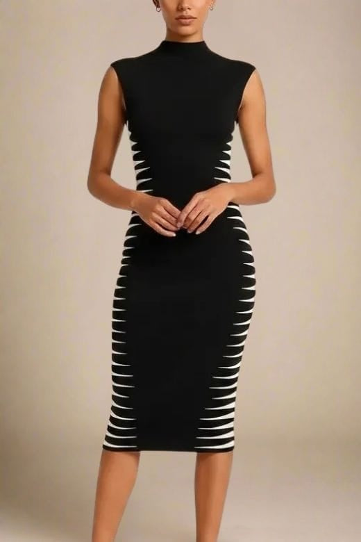 Woman wearing a figure flattering Cleo Bandage Midi Dress - Classic Black BODYCON COLLECTION Pty Ltd