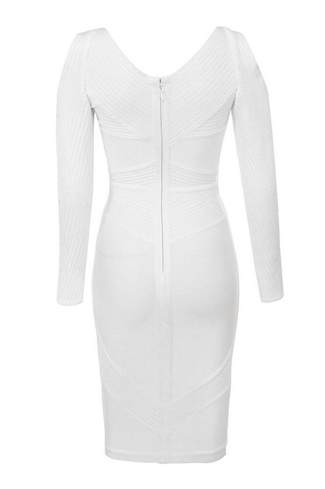 Woman wearing a figure flattering Coco Long Sleeve Bandage Dress - Pearl White BODYCON COLLECTION
