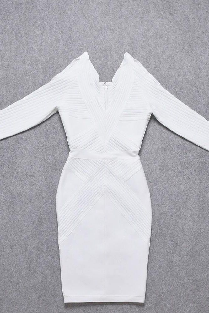 Woman wearing a figure flattering Coco Long Sleeve Bandage Dress - Pearl White BODYCON COLLECTION
