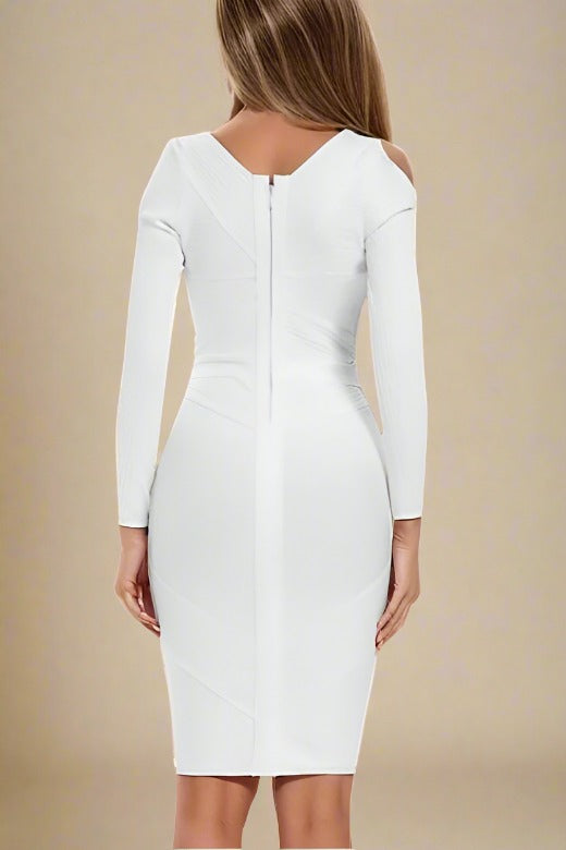 Woman wearing a figure flattering Coco Long Sleeve Bandage Dress - Pearl White BODYCON COLLECTION