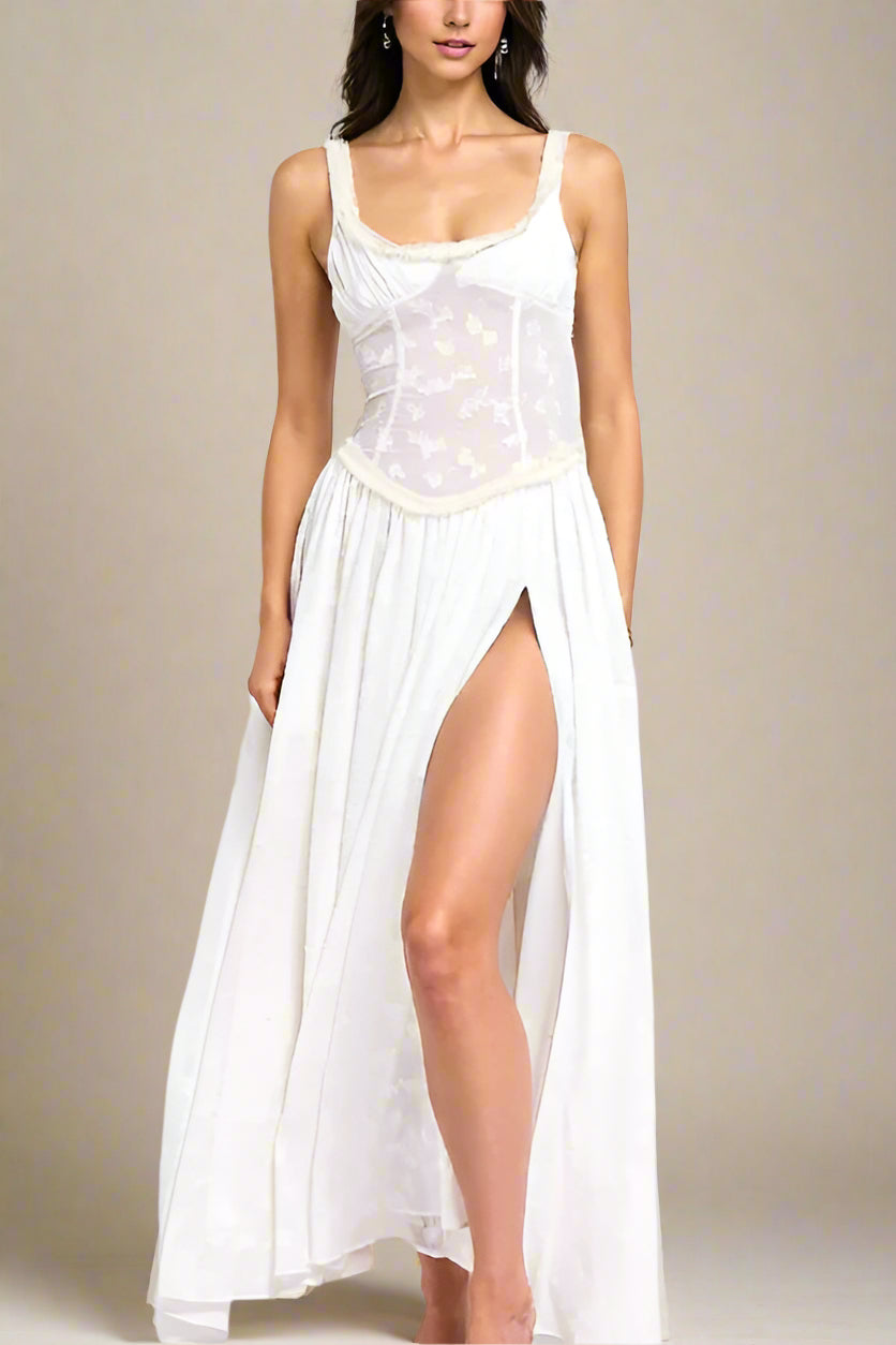 Woman wearing a figure flattering Collins Bodycon Maxi Dress - Pearl White BODYCON COLLECTION