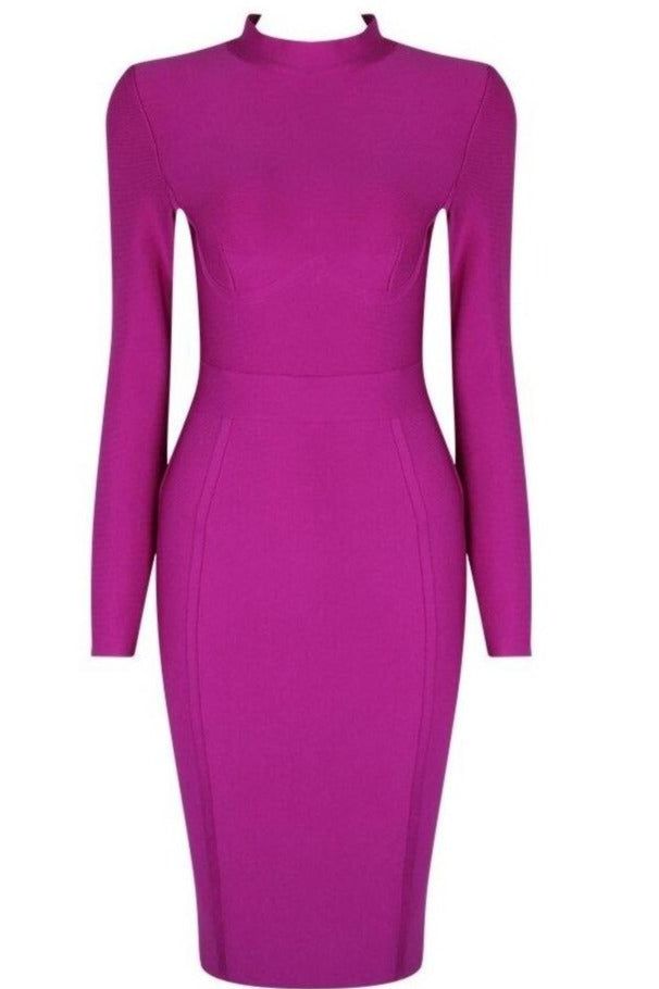 Woman wearing a figure flattering  Dee Long Sleeve Bandage Dress - Neon Purple BODYCON COLLECTION