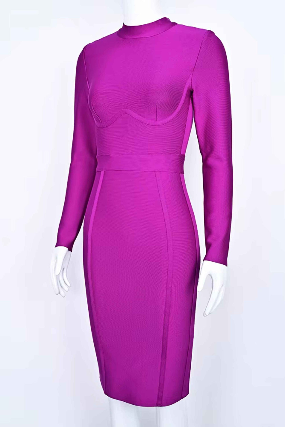 Woman wearing a figure flattering Dee Long Sleeve Bandage Dress - Neon Purple BODYCON COLLECTION