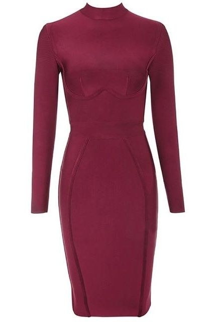 Woman wearing a figure flattering  Dee Long Sleeve Bandage Dress - Red Wine BODYCON COLLECTION