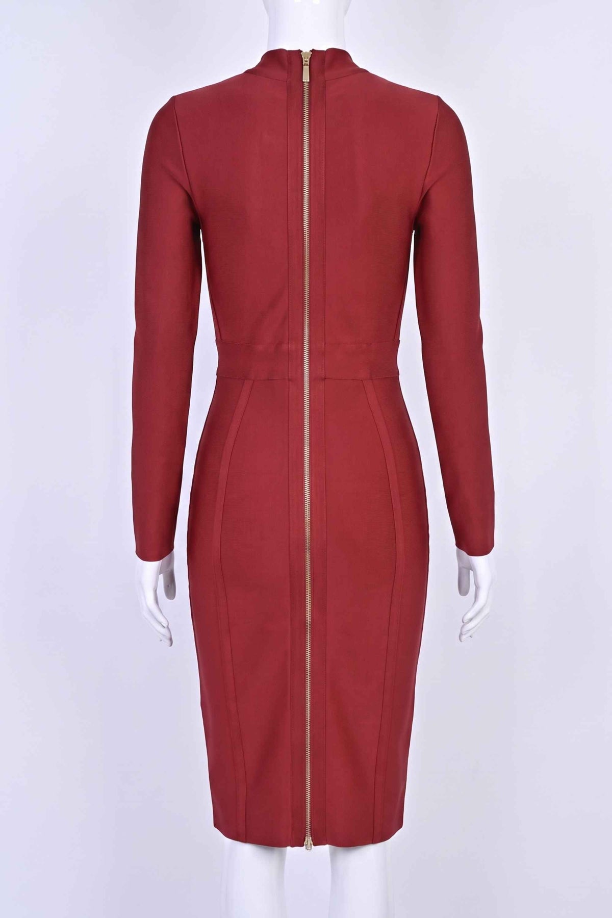 Woman wearing a figure flattering Dee Long Sleeve Bandage Dress - Red Wine BODYCON COLLECTION