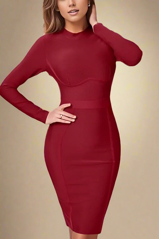 Woman wearing a figure flattering Dee Long Sleeve Bandage Dress - Red Wine BODYCON COLLECTION