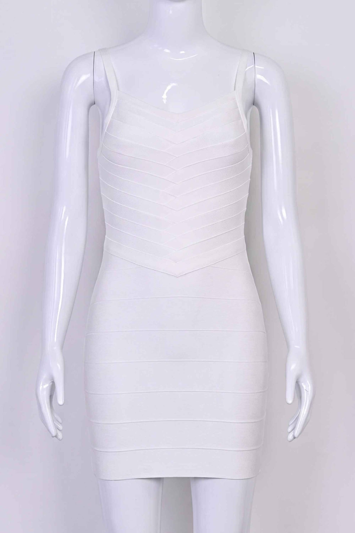 Woman wearing a figure flattering Dom Bandage Mini Dress - White Pearl BODYCON COLLECTION Pty Ltd