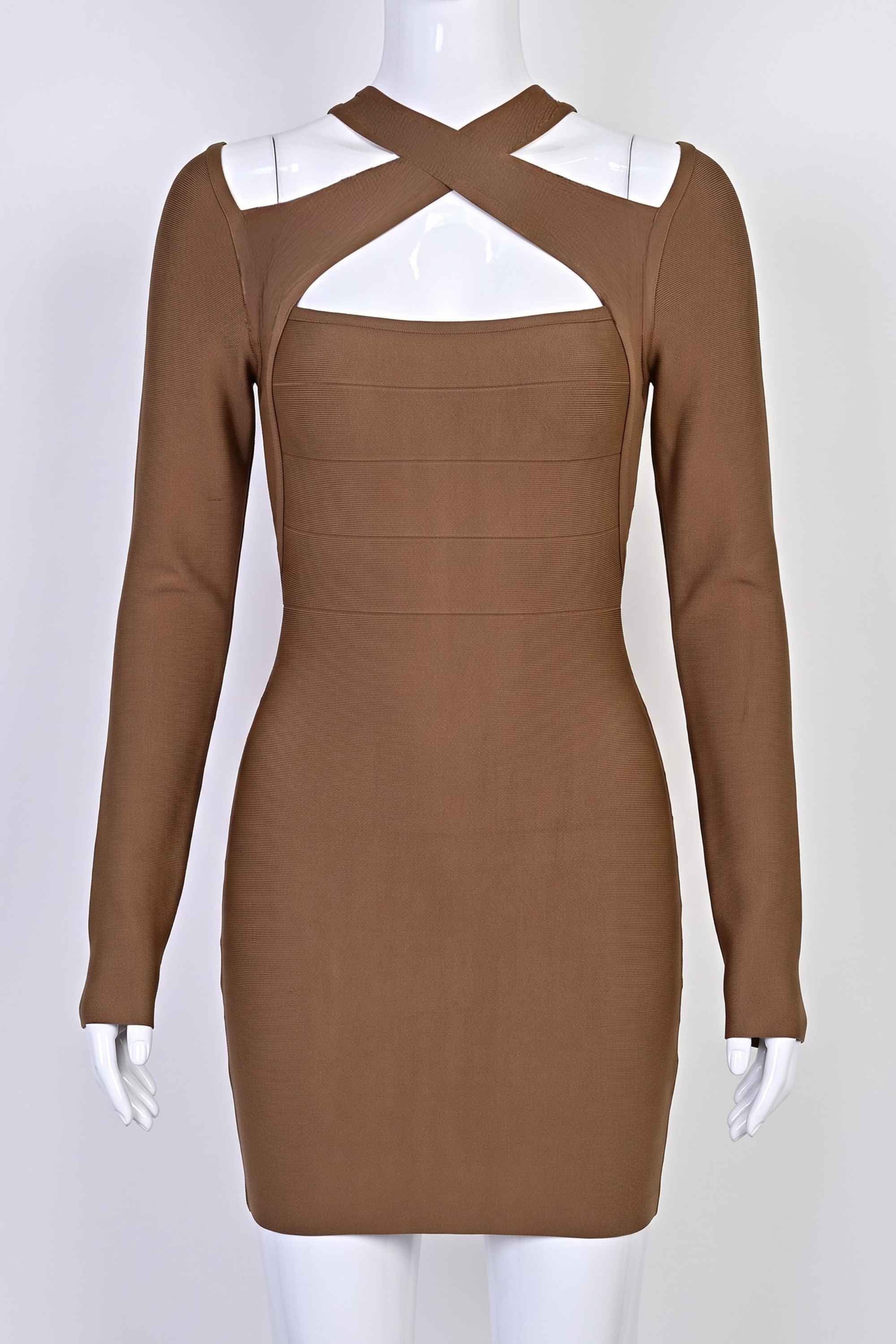 Woman wearing a figure flattering Dovie Long Sleeve Bandage Mini Dress - Coffee Brown BODYCON COLLECTION Pty Ltd