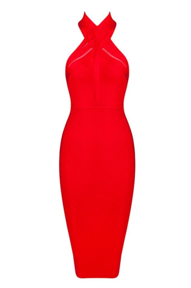 Woman wearing a figure flattering  Eden Bandage Dress - Lipstick Red BODYCON COLLECTION