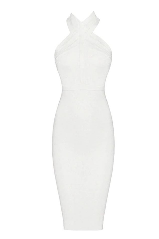 Woman wearing a figure flattering  Eden Bandage Dress - Pearl White BODYCON COLLECTION