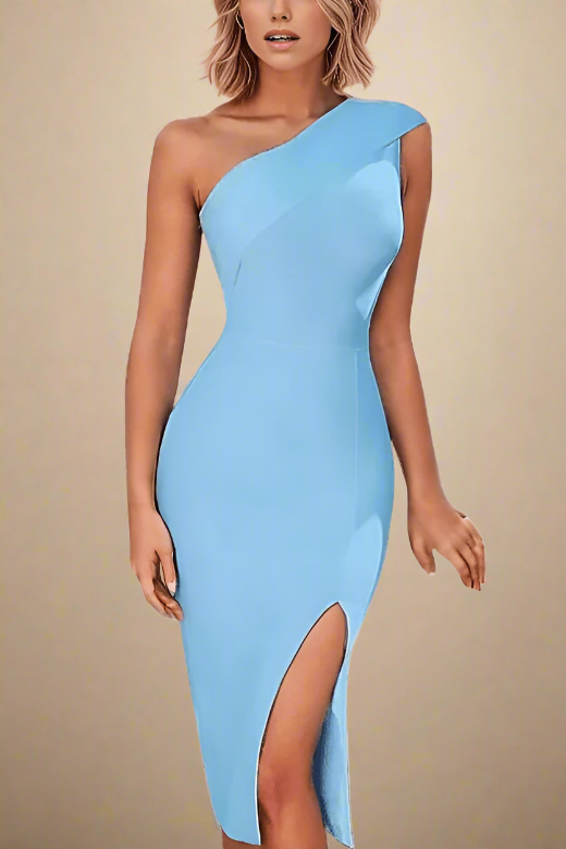 Woman wearing a figure flattering  Eile Bodycon Dress - Sky Blue BODYCON COLLECTION