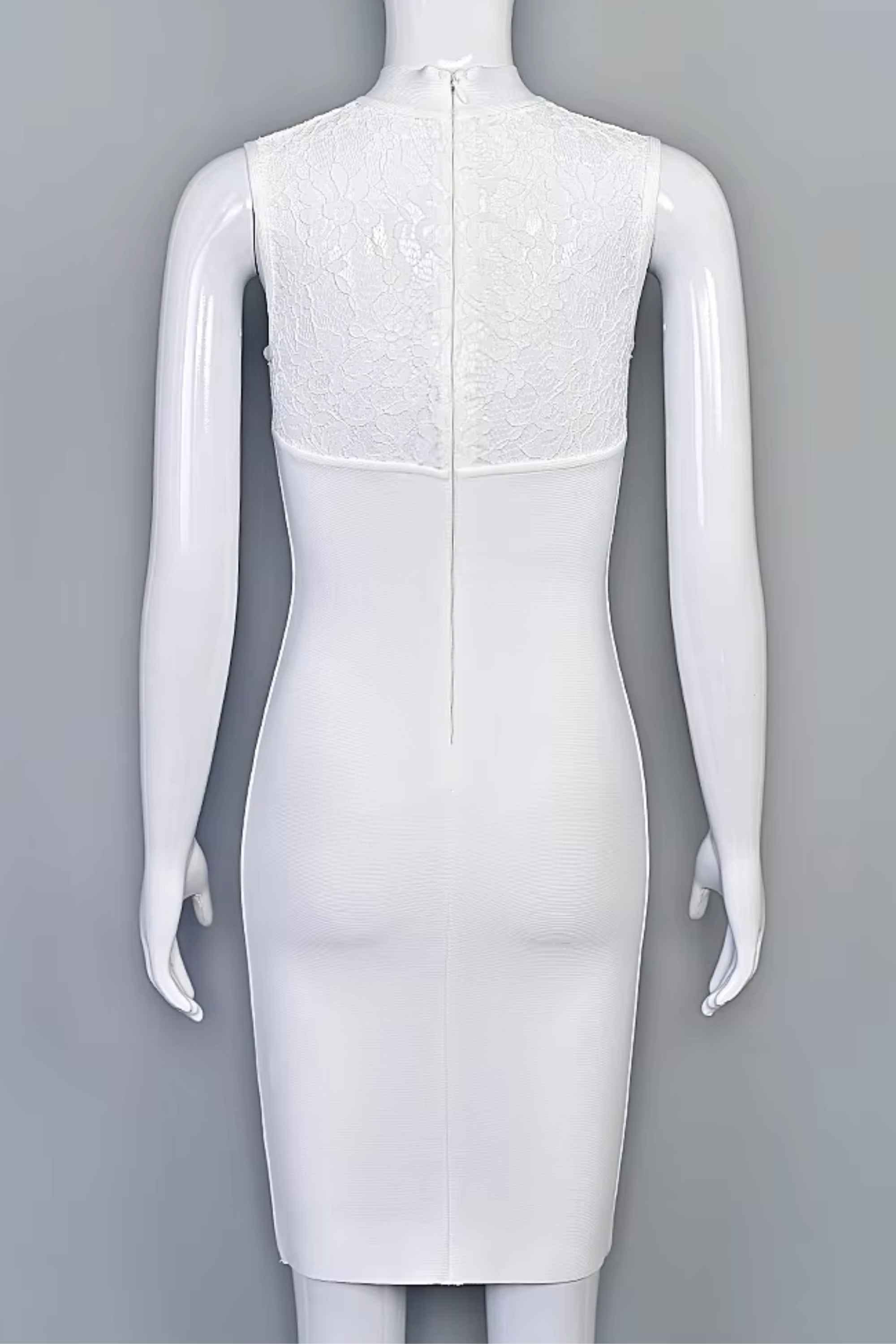 Woman wearing a figure flattering Elia Bandage Dress - Pearl White BODYCON COLLECTION Pty Ltd