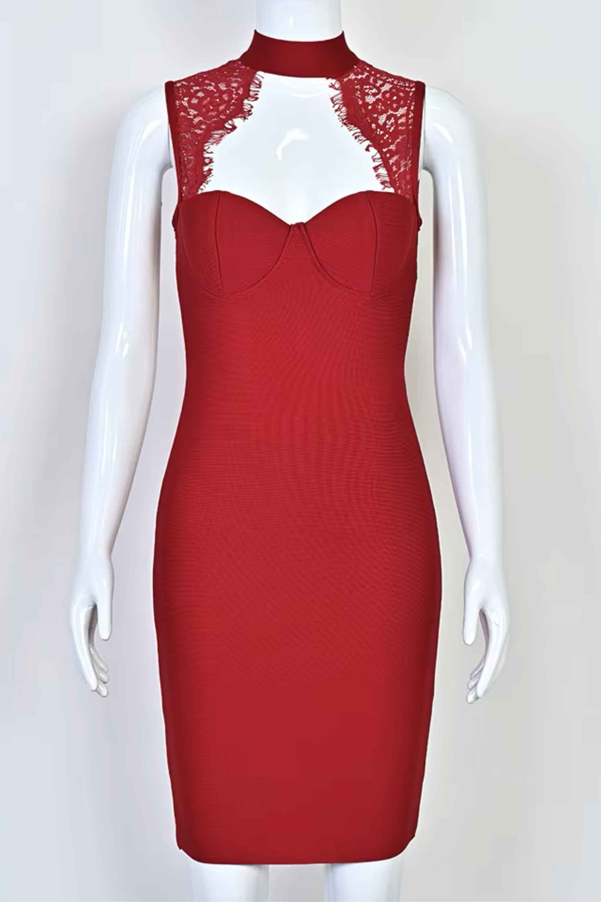Woman wearing a figure flattering Elia Bandage Dress - Red Wine BODYCON COLLECTION Pty Ltd