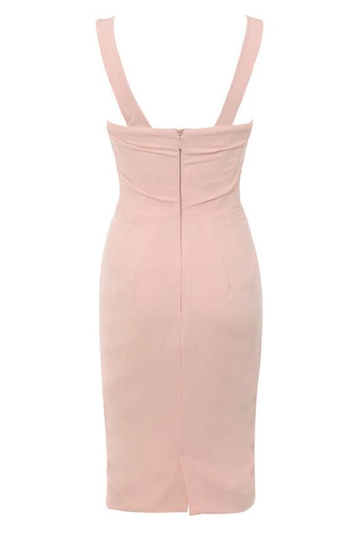 Woman wearing a figure flattering  Eloise Bodycon Satin Dress - Dusty Pink BODYCON COLLECTION