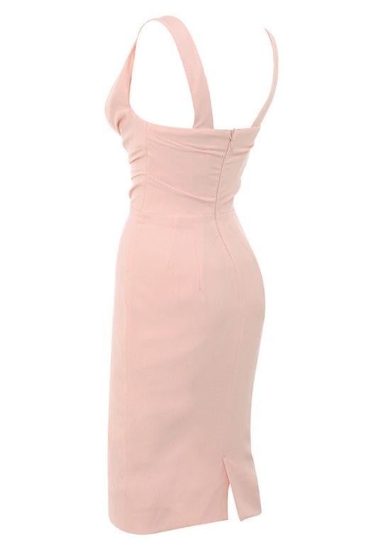 Woman wearing a figure flattering  Eloise Bodycon Satin Dress - Dusty Pink BODYCON COLLECTION