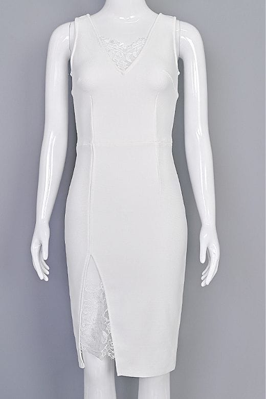 Woman wearing a figure flattering Elsa Bodycon Dress - White Pearl BODYCON COLLECTION Pty Ltd