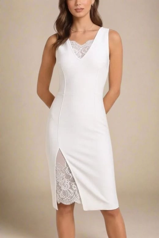 Woman wearing a figure flattering Elsa Bodycon Dress - White Pearl BODYCON COLLECTION Pty Ltd