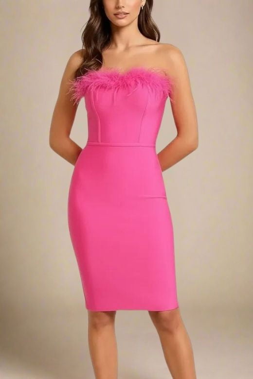 Woman wearing a figure flattering Erin Bandage Dress - Hot Pink BODYCON COLLECTION