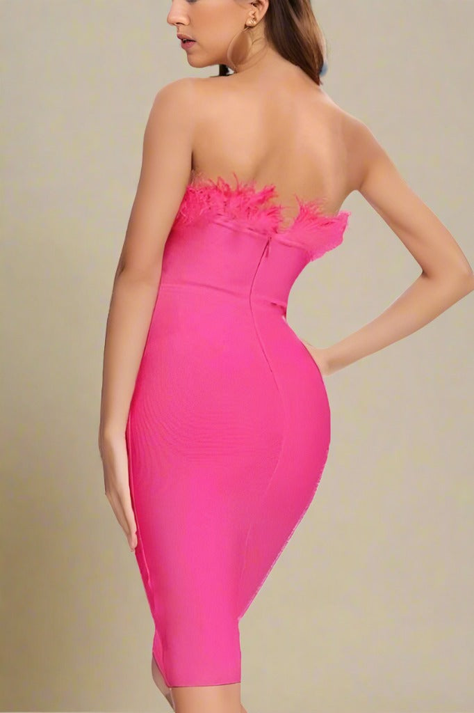 Woman wearing a figure flattering  Erin Bandage Dress - Hot Pink BODYCON COLLECTION
