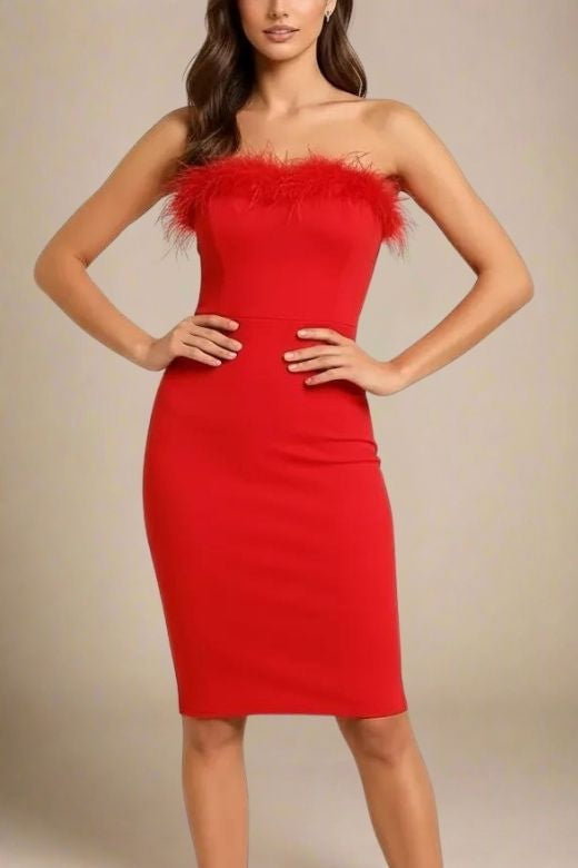 Woman wearing a figure flattering Erin Bandage Dress - Lipstick Red BODYCON COLLECTION