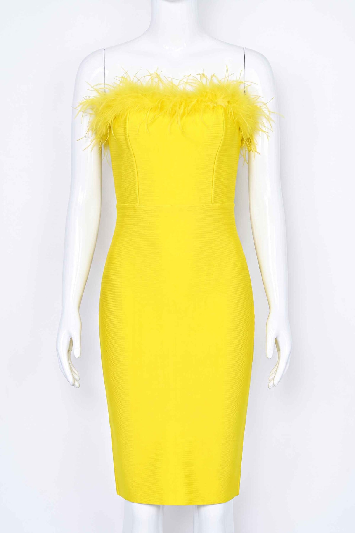 Woman wearing a figure flattering Erin Bandage Dress - Sun Yellow BODYCON COLLECTION