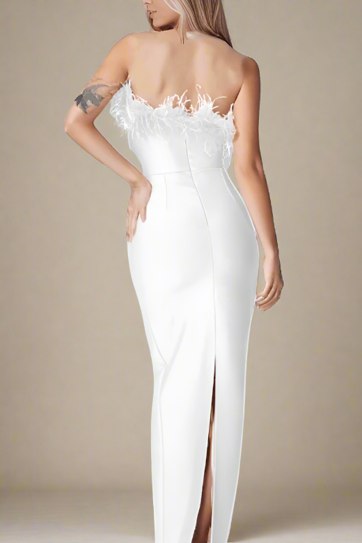 Woman wearing a figure flattering  Erin Bodycon Maxi Dress - Pearl White BODYCON COLLECTION