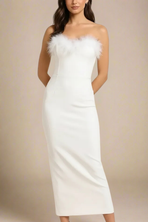 Woman wearing a figure flattering Erin Bodycon Maxi Dress - Pearl White BODYCON COLLECTION